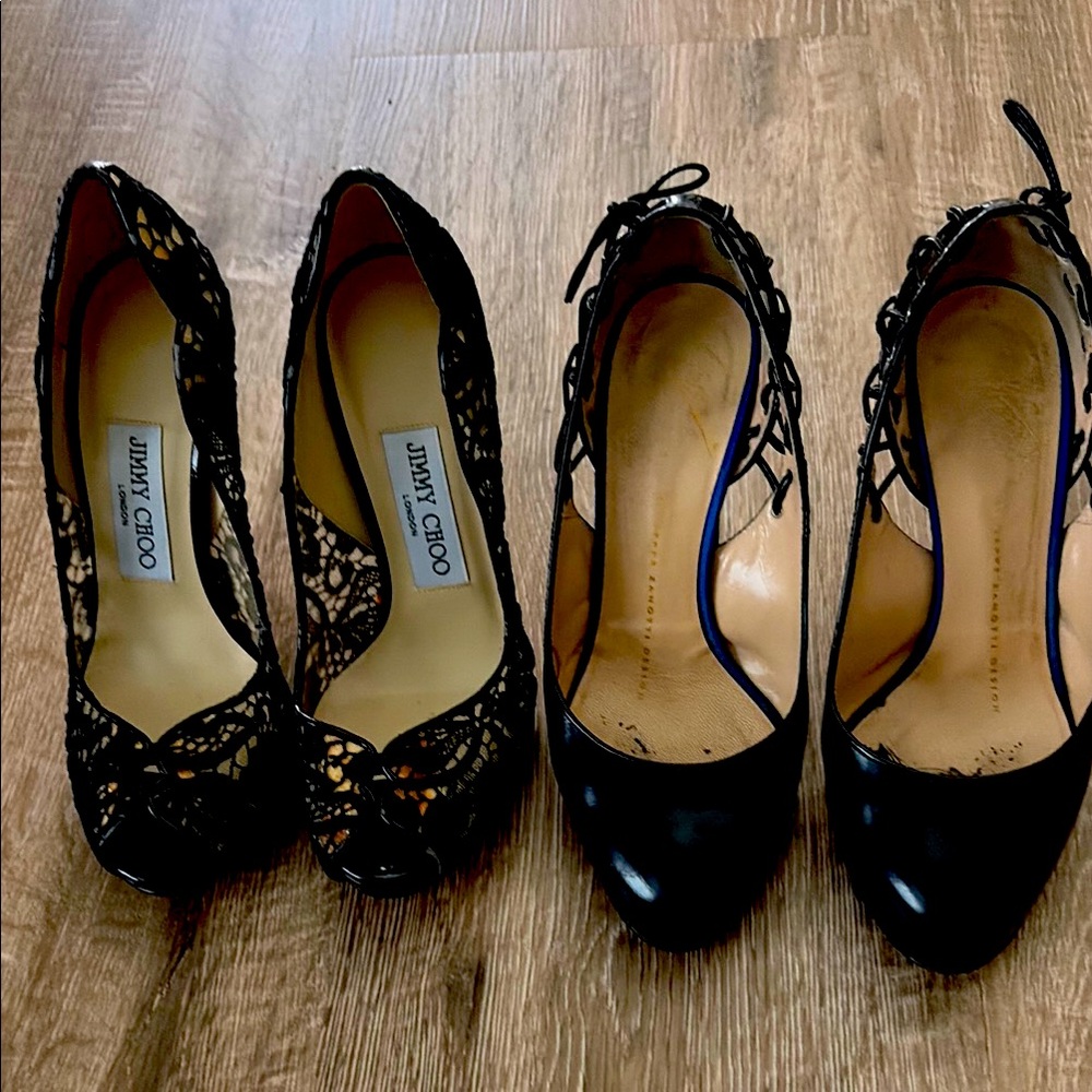 Jimmy Choo Black Lace Heels & Vera Cuoio Italian Leather Heels Sz 35 (4.5)
